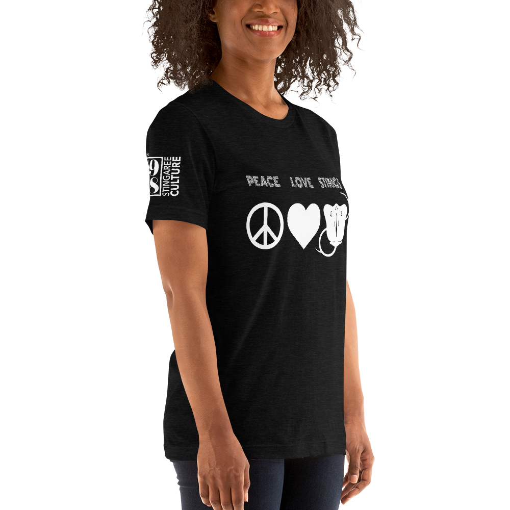 PEACE LOVE & STINGS (White version) Unisex T-Shirt