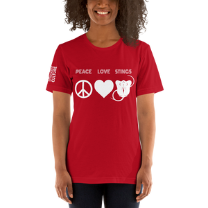 PEACE LOVE & STINGS (White version) Unisex T-Shirt