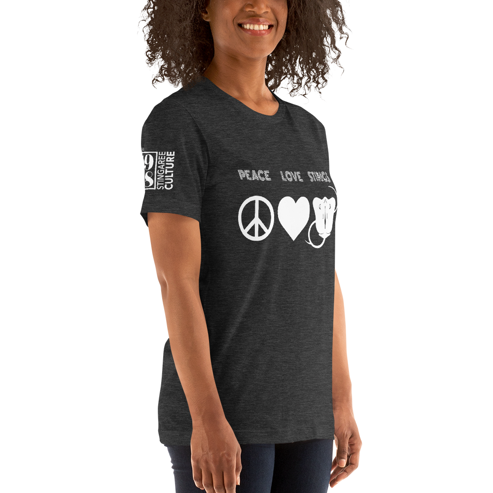 PEACE LOVE & STINGS (White version) Unisex T-Shirt